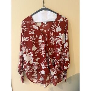 West K Floral Surplice Blouse Rust Red White Wrap Top Tie Sleeve Womens Large